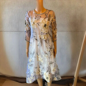 VTG Sheer Mesh Lined Dress Midi Floral Fairy Cottagecore Handmade/Machine Lady L